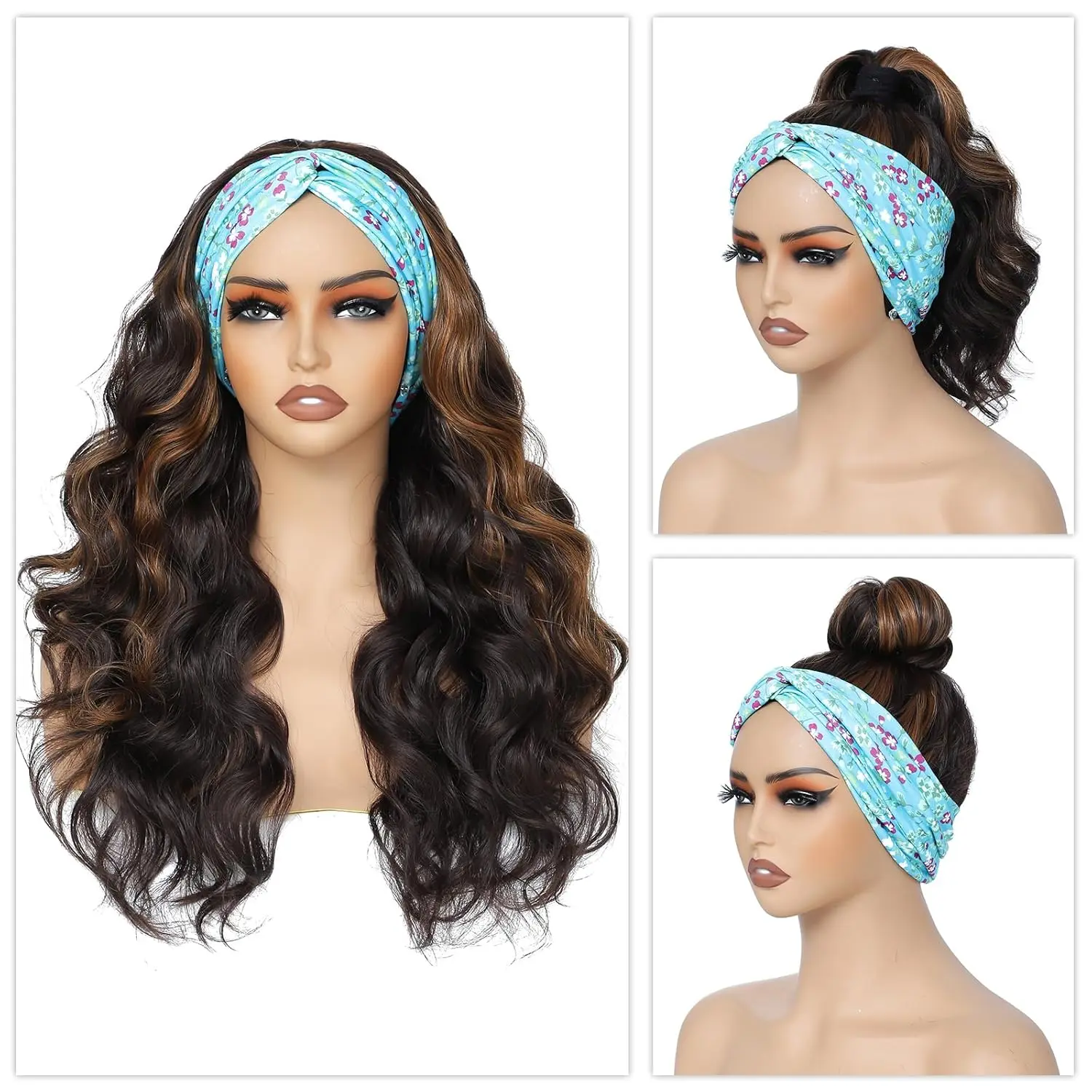 Long Synthetic Wavy Headband Wig for Women Black Wigs with Brown Blonde Highlight 200% Denisty Headband Wigs Glueless Wig Daily