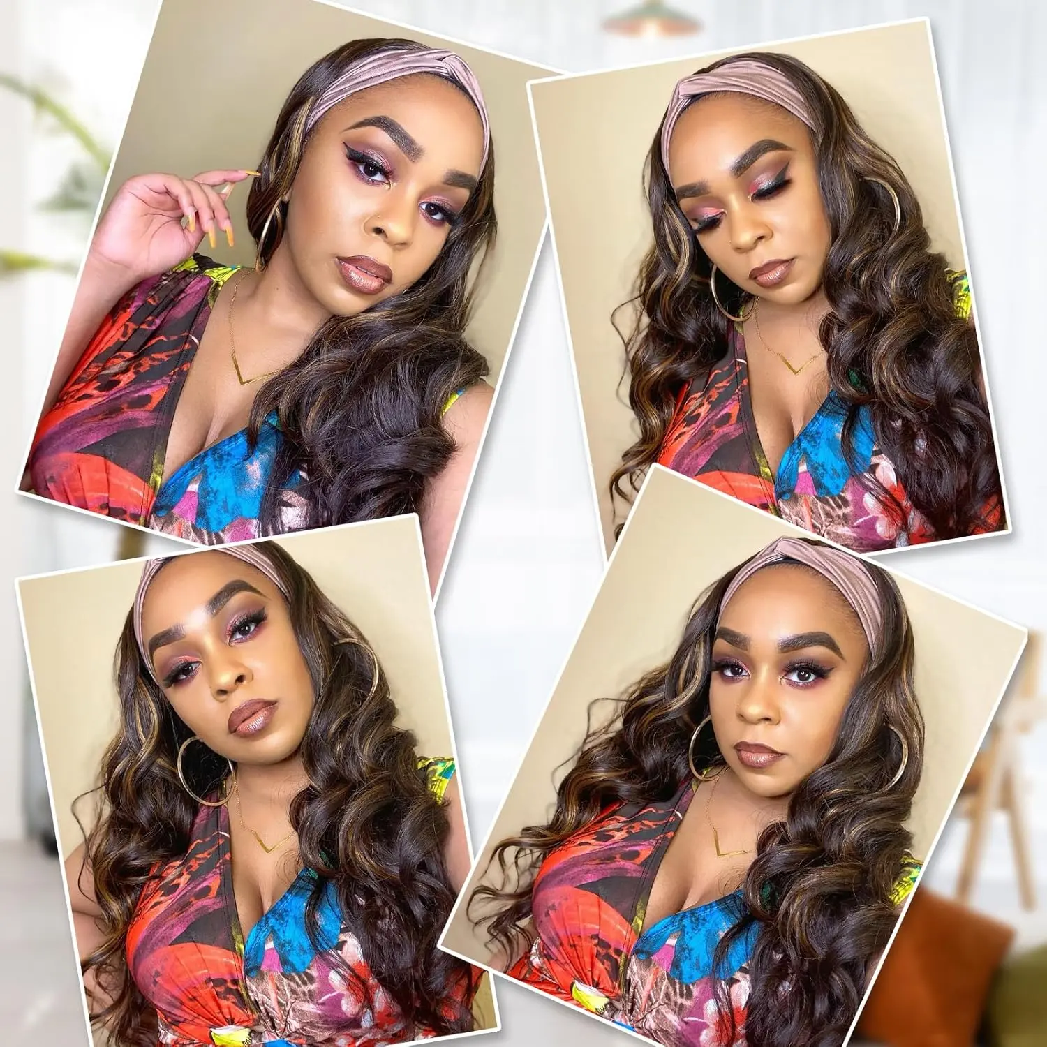 Long Synthetic Wavy Headband Wig for Women Black Wigs with Brown Blonde Highlight 200% Denisty Headband Wigs Glueless Wig Daily