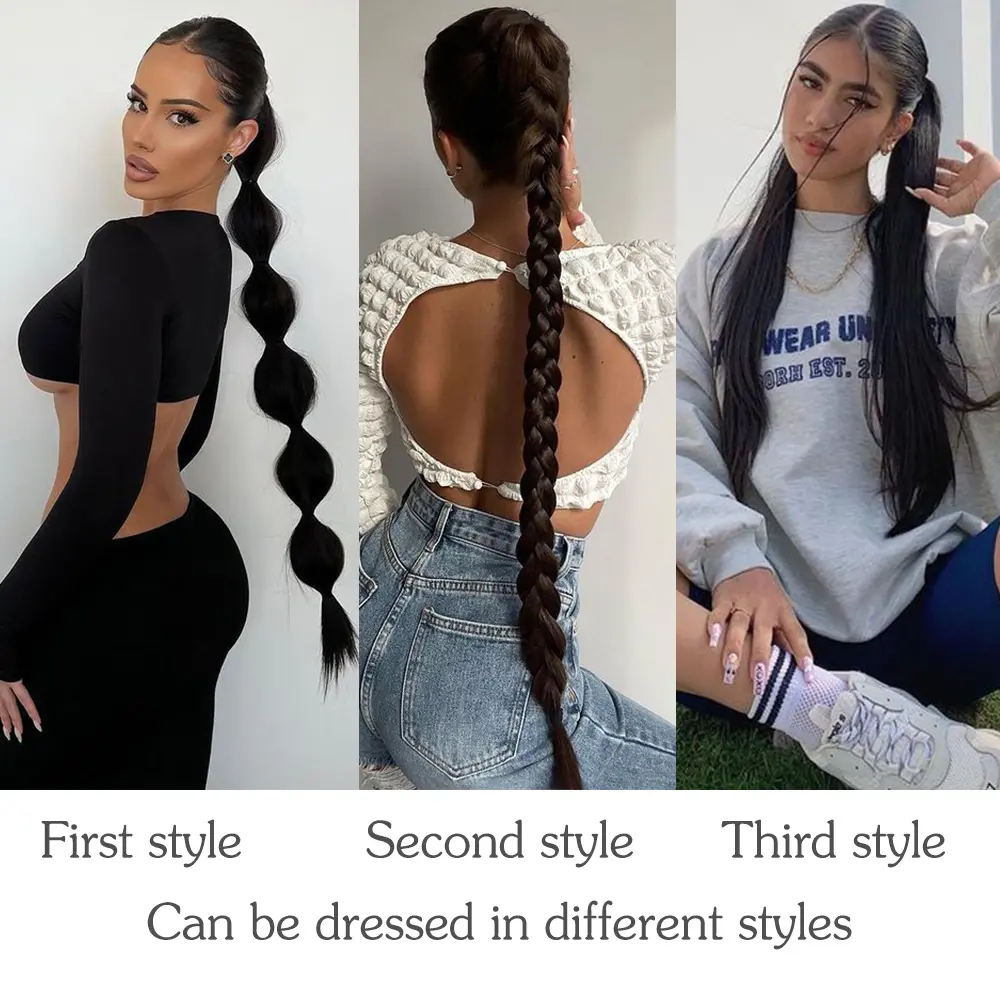 34inches Synthetic Long Braided Ponytail Hair Extensions for Women Black Brown Pony Tail with Hair Rope High Temperature Fiber