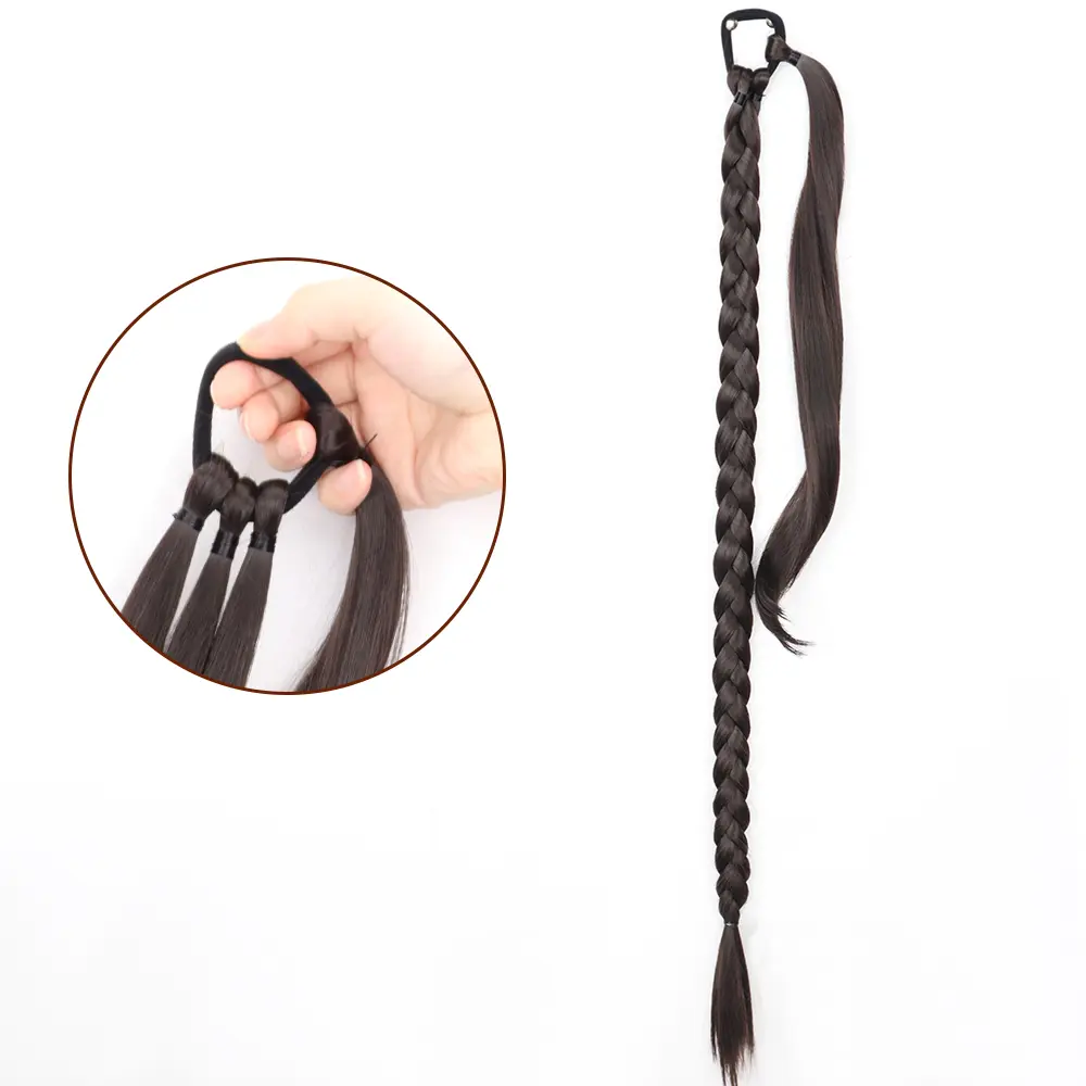 34inches Synthetic Long Braided Ponytail Hair Extensions for Women Black Brown Pony Tail with Hair Rope High Temperature Fiber