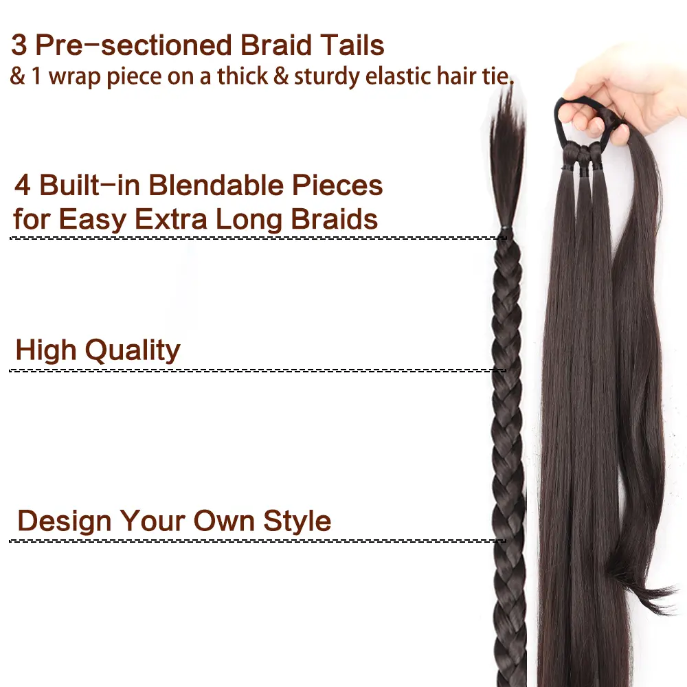 34inches Synthetic Long Braided Ponytail Hair Extensions for Women Black Brown Pony Tail with Hair Rope High Temperature Fiber