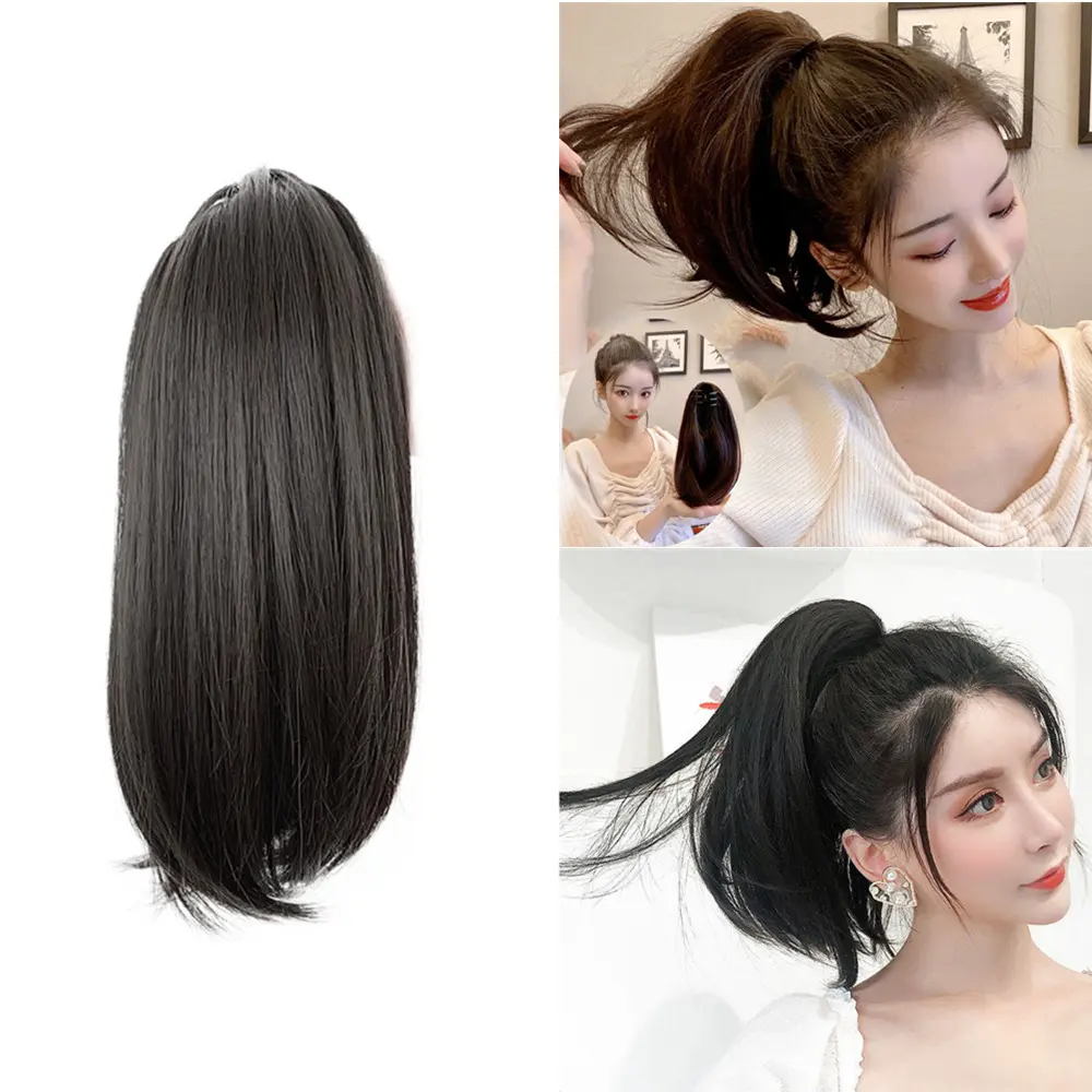 Synthetic 38cm Short Straight Ponytail Clip-on Wigs for Women Natural Fluffy Slightly Warped Fake Pony Tail Hair Extensions