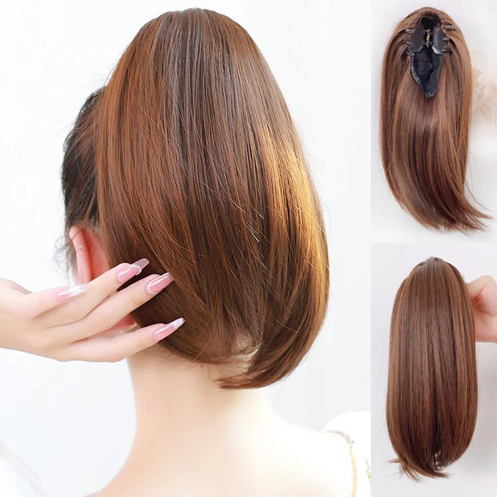 Synthetic 38cm Short Straight Ponytail Clip-on Wigs for Women Natural Fluffy Slightly Warped Fake Pony Tail Hair Extensions