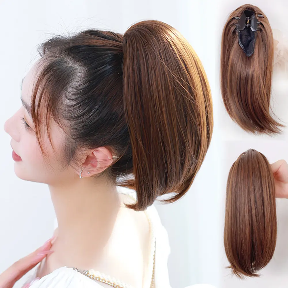 Synthetic 38cm Short Straight Ponytail Clip-on Wigs for Women Natural Fluffy Slightly Warped Fake Pony Tail Hair Extensions