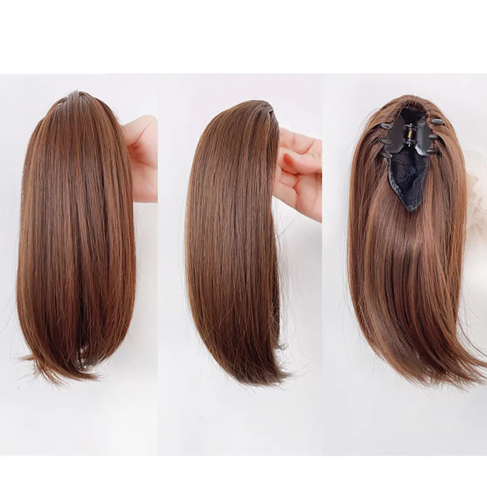 Synthetic 38cm Short Straight Ponytail Clip-on Wigs for Women Natural Fluffy Slightly Warped Fake Pony Tail Hair Extensions
