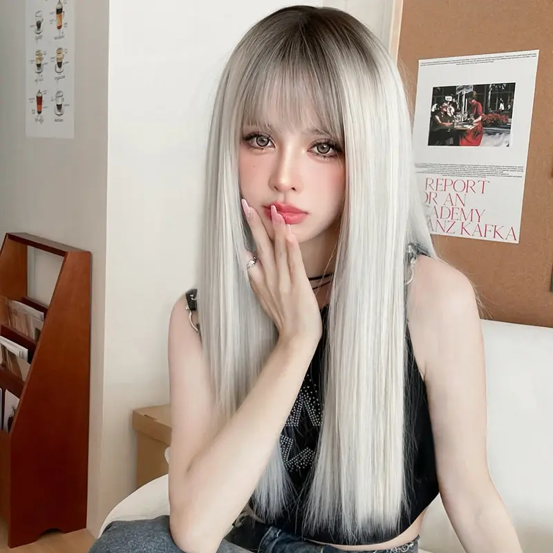 NAMM Silver Gray Women Wig for Women Daily Party Long Straight Wigs Synthetic Wigs with Fluffy Bangs Heat Resistant