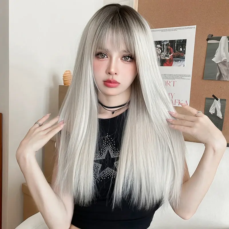 NAMM Silver Gray Women Wig for Women Daily Party Long Straight Wigs Synthetic Wigs with Fluffy Bangs Heat Resistant