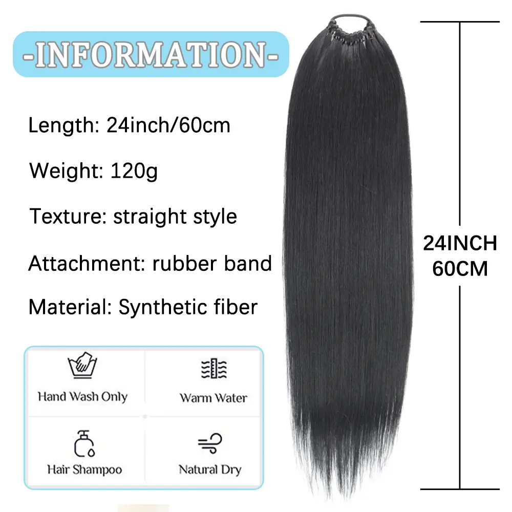 Synthetic Long Straight Ponytail Hair Extensions With Elastic Hair Band 24Inch Heat Resistant Pony Hairpiece For Women Daily Use