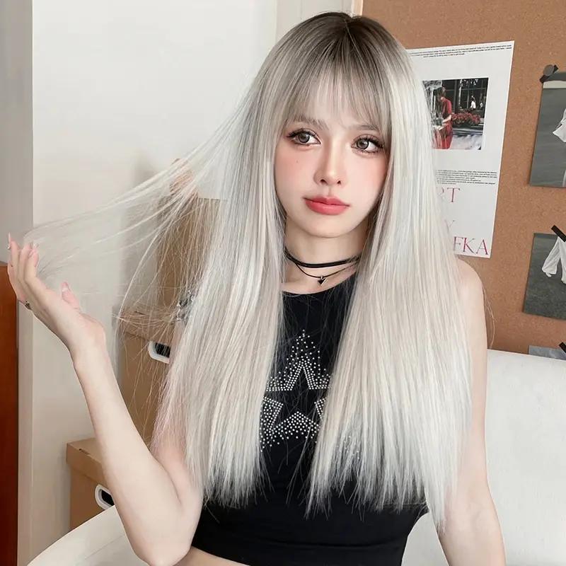 NAMM Silver Gray Women Wig for Women Daily Party Long Straight Wigs Synthetic Wigs with Fluffy Bangs Heat Resistant