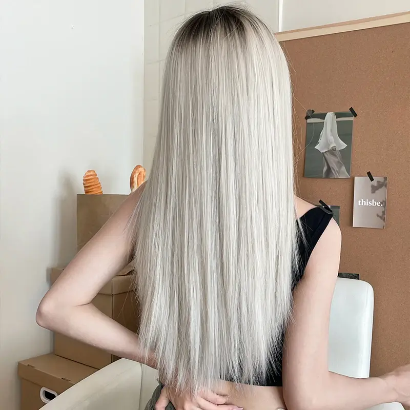 NAMM Silver Gray Women Wig for Women Daily Party Long Straight Wigs Synthetic Wigs with Fluffy Bangs Heat Resistant