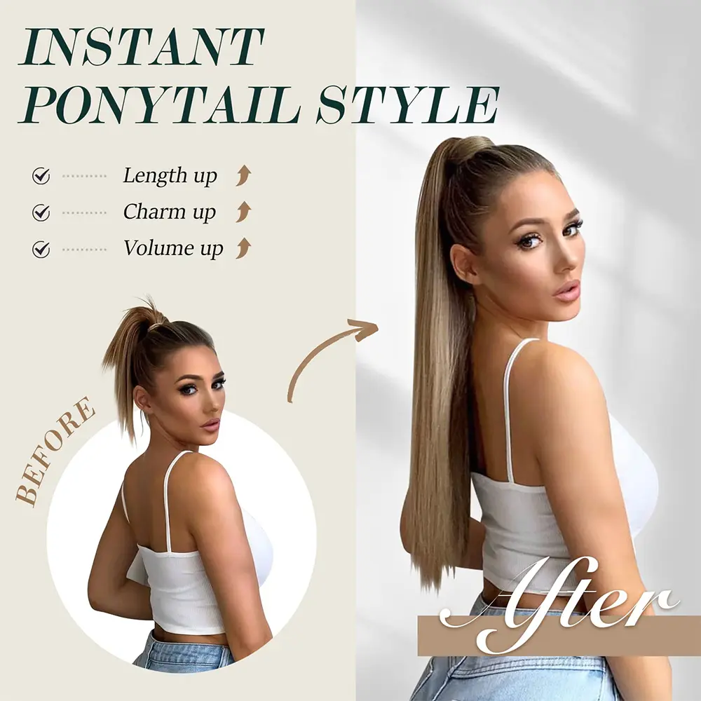 Synthetic Long Straight Ponytail Hair Extensions With Elastic Hair Band 24Inch Heat Resistant Pony Hairpiece For Women Daily Use