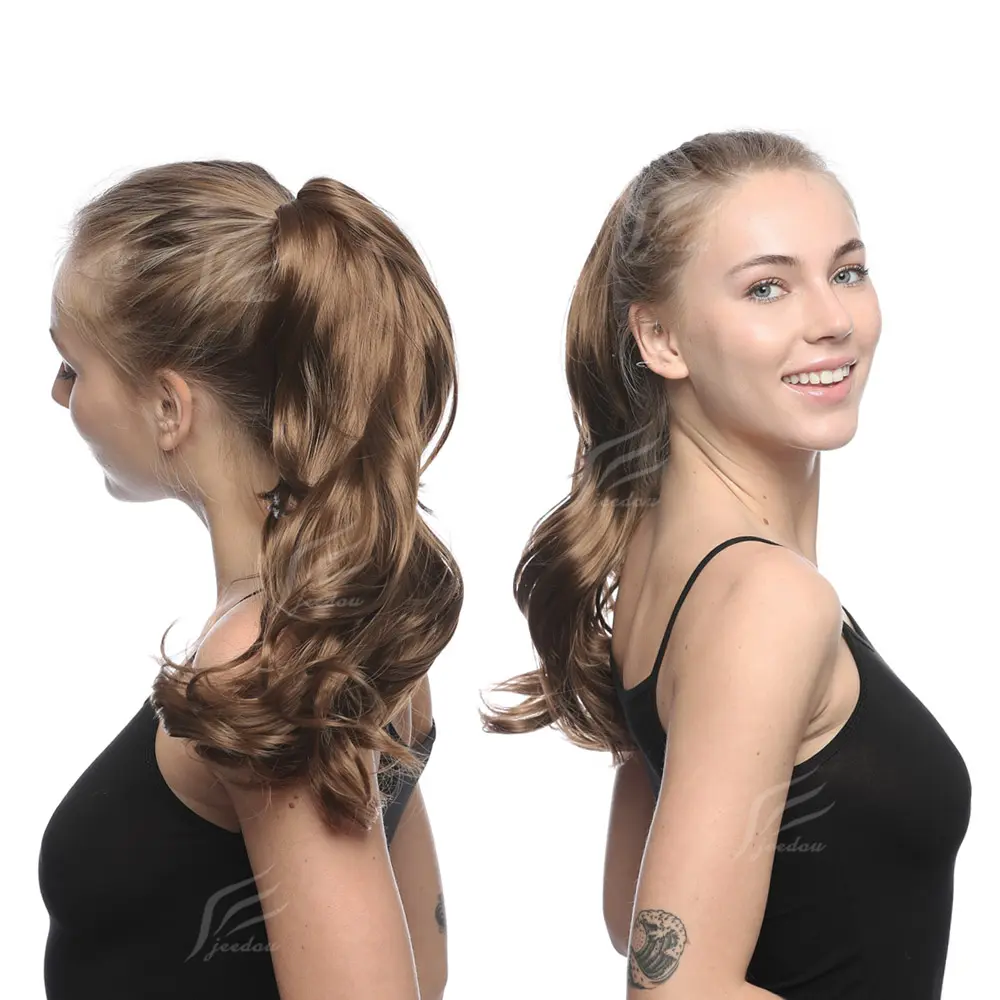 Jeedou Short Wavy Ponytail Hair Extensions for Women Synthetic Claw Ponytails Brown Black Color Women's Hairpieces