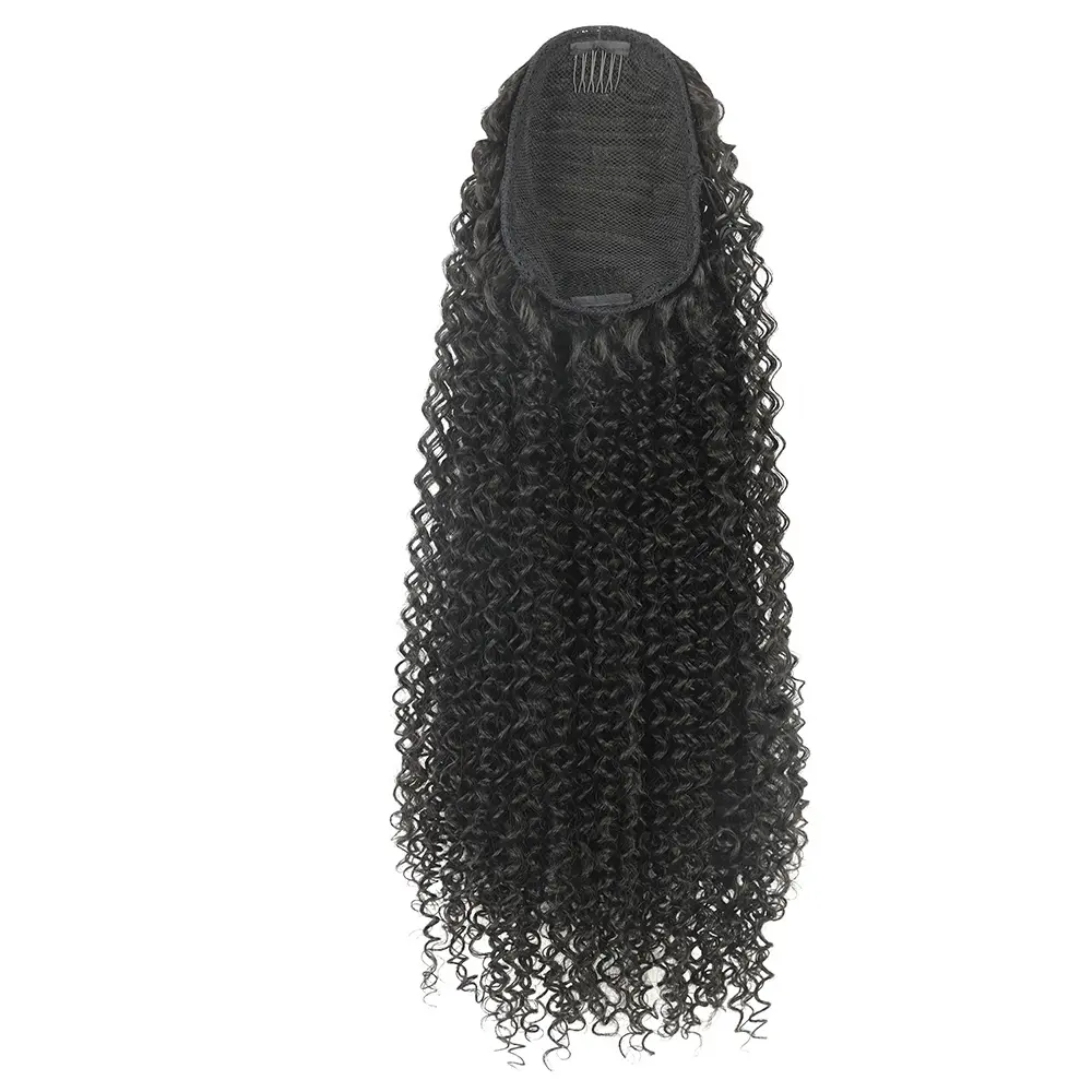 24Inch Kinky Curly Ponytail Soft Synthetic Hair Extension Drawstring Ponytail Hairpieces Black Fake Pony Tail for Women