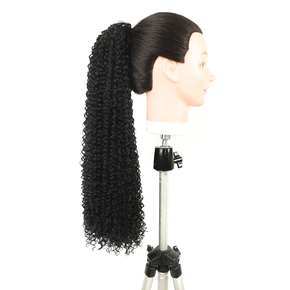 24Inch Kinky Curly Ponytail Soft Synthetic Hair Extension Drawstring Ponytail Hairpieces Black Fake Pony Tail for Women
