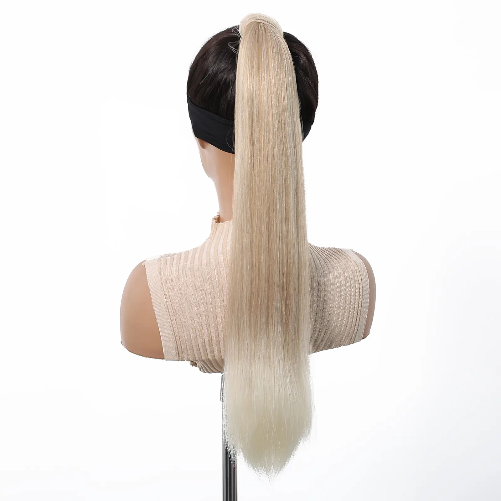 Blonde Platinum Ombre Straight Synthetic Ponytail Long Straight Hair Extensions Ponytail With 3 Clips 24 Inch Ponytail for Women