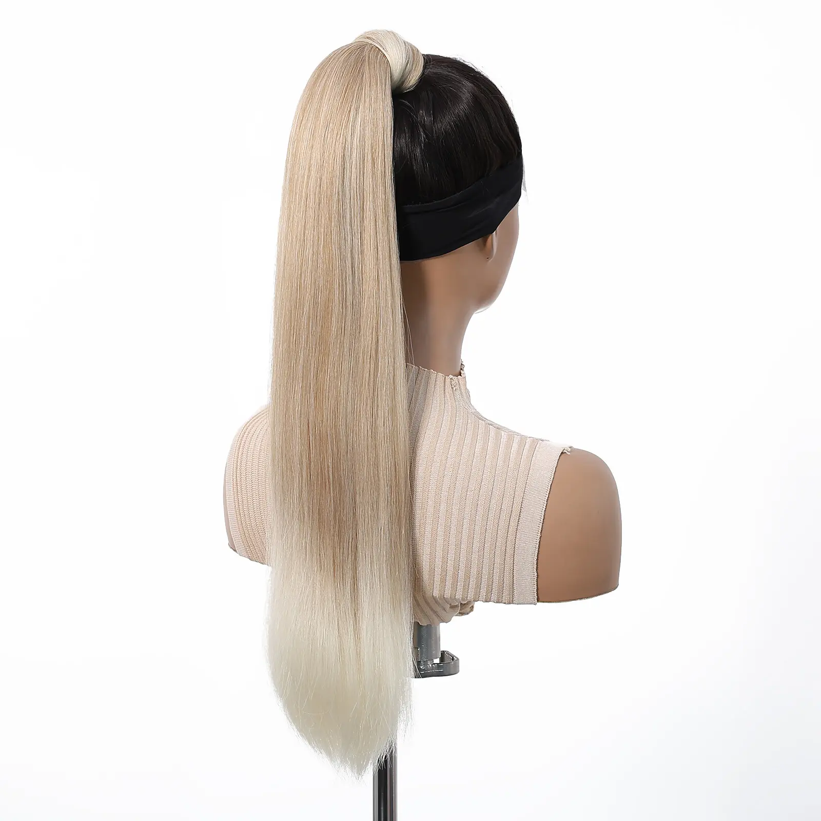 Blonde Platinum Ombre Straight Synthetic Ponytail Long Straight Hair Extensions Ponytail With 3 Clips 24 Inch Ponytail for Women