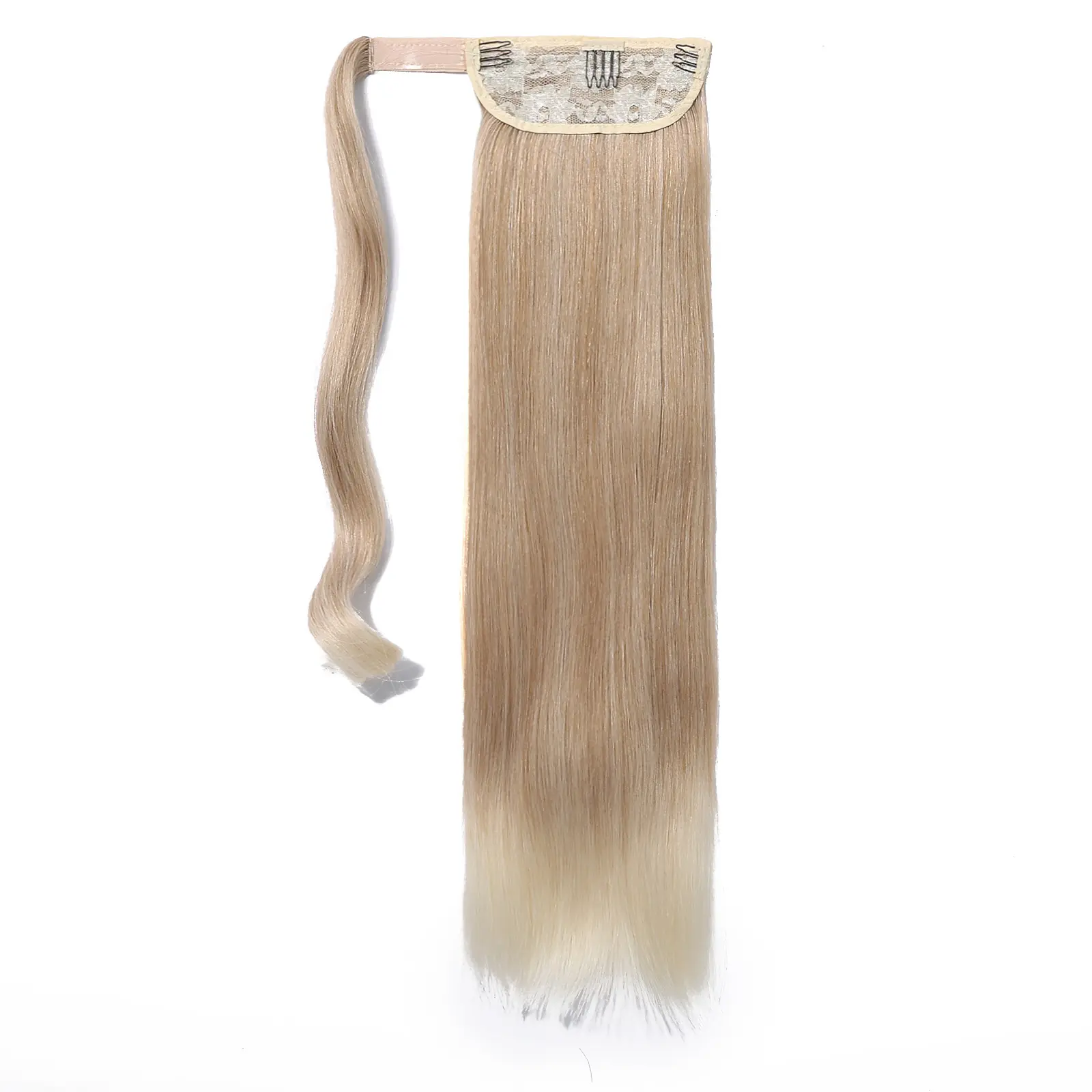 Blonde Platinum Ombre Straight Synthetic Ponytail Long Straight Hair Extensions Ponytail With 3 Clips 24 Inch Ponytail for Women