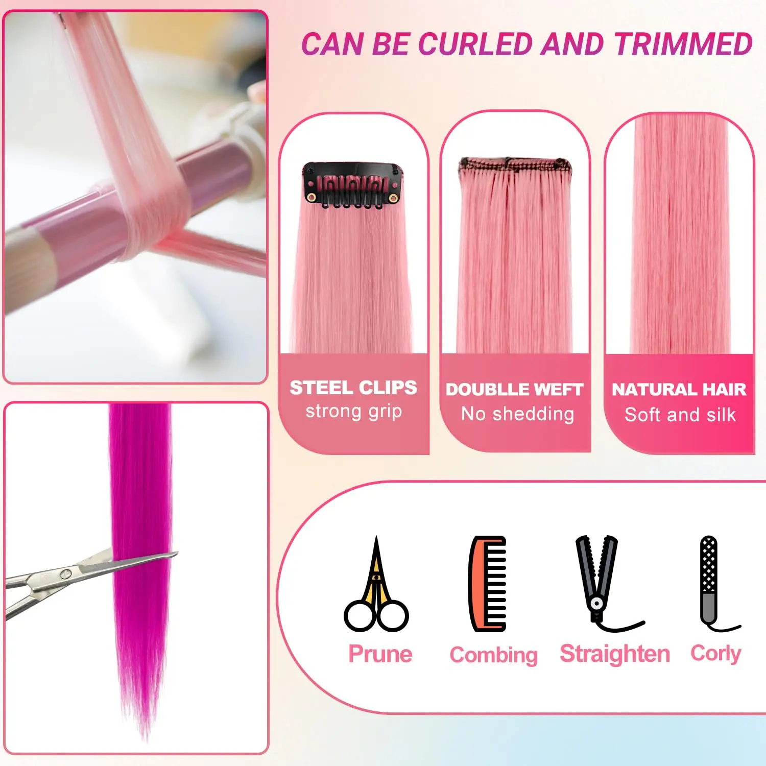 Synthetic 5PC Colored Hair Extensions 22Inch Straight Clip in Christmas Extension Rainbow Party Highlights Hairpiece for Girls