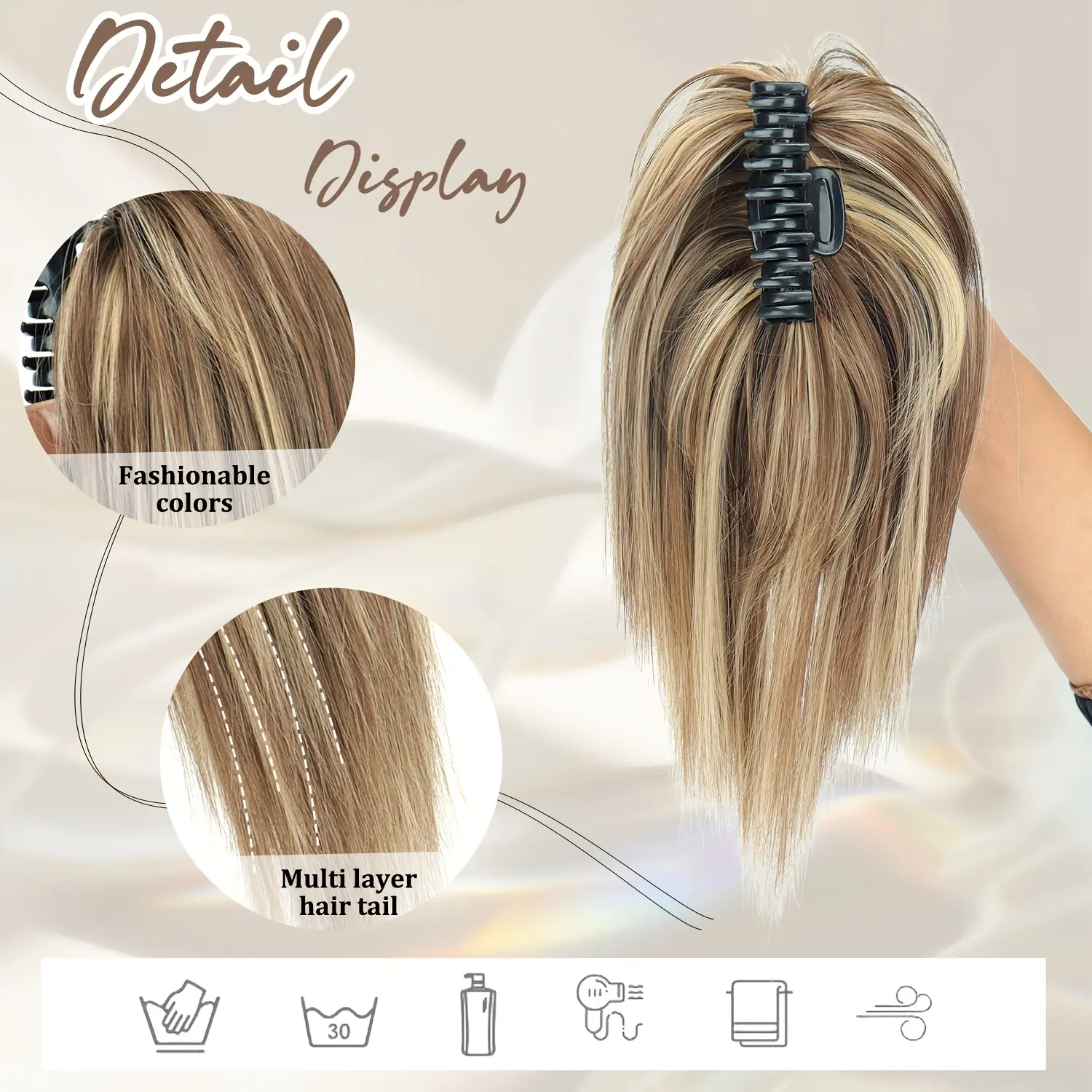 Synthetic 12 Inch Claw Clip Short Ponytail Fluffy Messy Black Blonde Heat Resistant Type Ponytail Hair Extensions For Women
