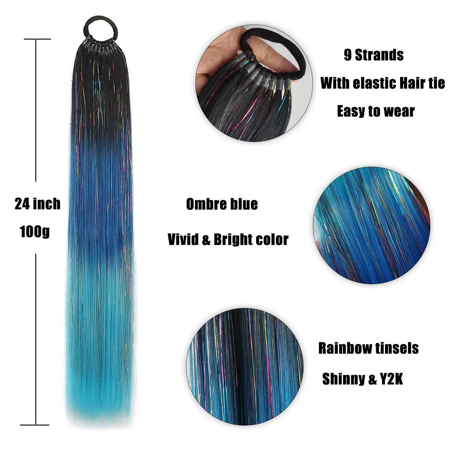 Ombre Blue Tinsel Ponytail Extension with Elastic Hair Tie Synthetic Braiding Hair For Kids Girls Crazy Hair Day Brave Hair