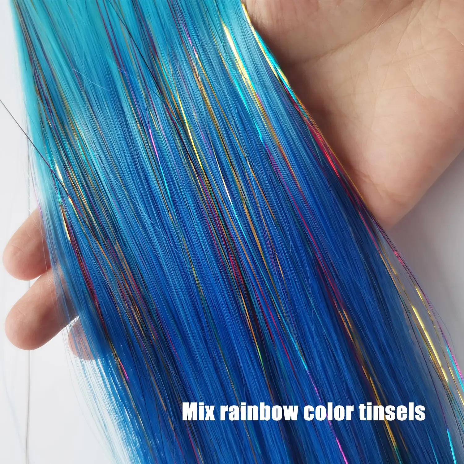 Ombre Blue Tinsel Ponytail Extension with Elastic Hair Tie Synthetic Braiding Hair For Kids Girls Crazy Hair Day Brave Hair