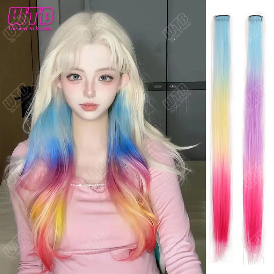 Synthetic Colored Clip in Hair Extensions Straight Hairpiece Multi-Colors Party Highlights Clip in Synthetic for Women Girls