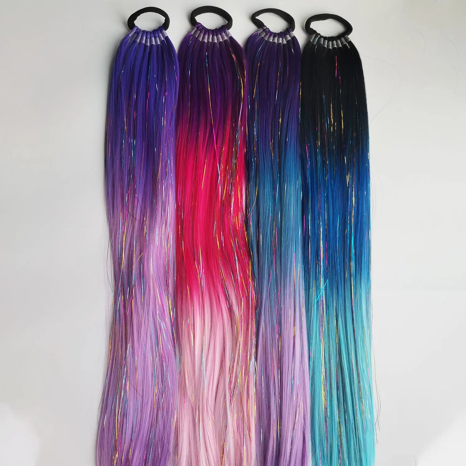 Ombre Blue Tinsel Ponytail Extension with Elastic Hair Tie Synthetic Braiding Hair For Kids Girls Crazy Hair Day Brave Hair