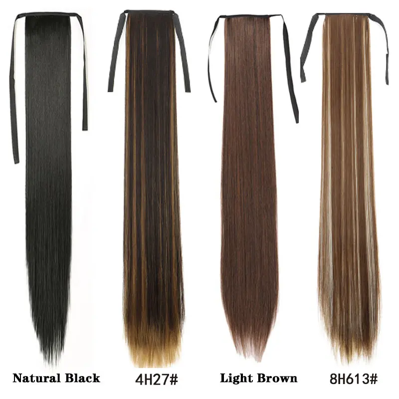 32Inch Synthetic Long Straight Ponytail Drawstring Ponytail Clip in Hair Extension Black Blonde Hairpiece for Women