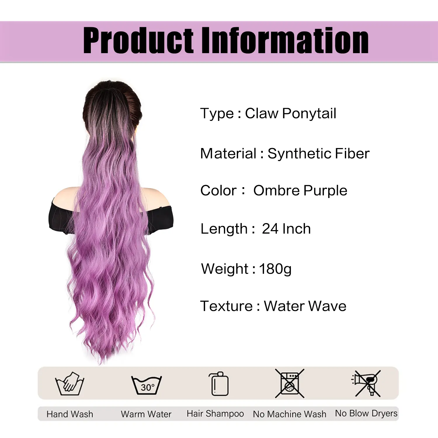 Synthetic Claw Ponytail Extension Ombre Purple Ponytail Hair 24 inch Water Wave Hairpieces for Women Girls Daily Use Party