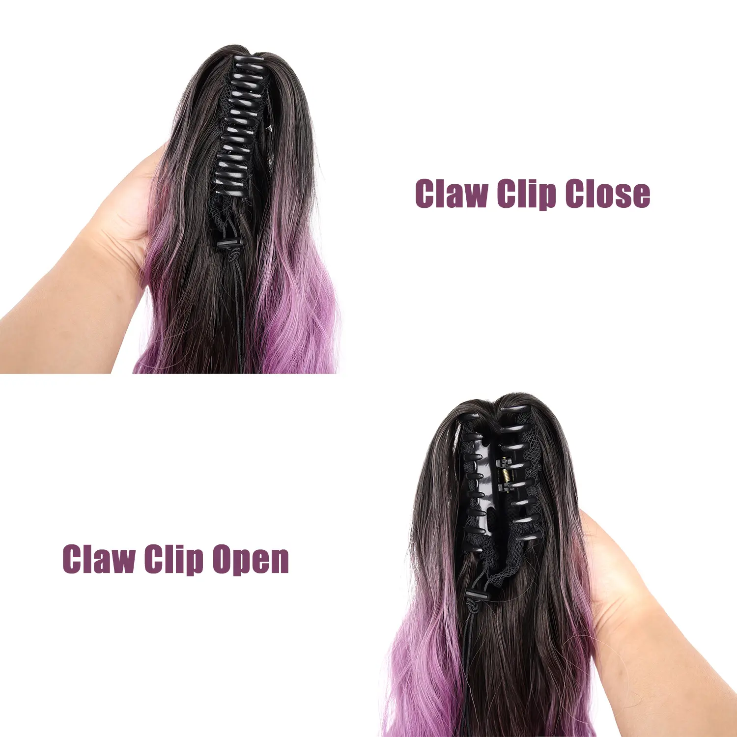 Synthetic Claw Ponytail Extension Ombre Purple Ponytail Hair 24 inch Water Wave Hairpieces for Women Girls Daily Use Party