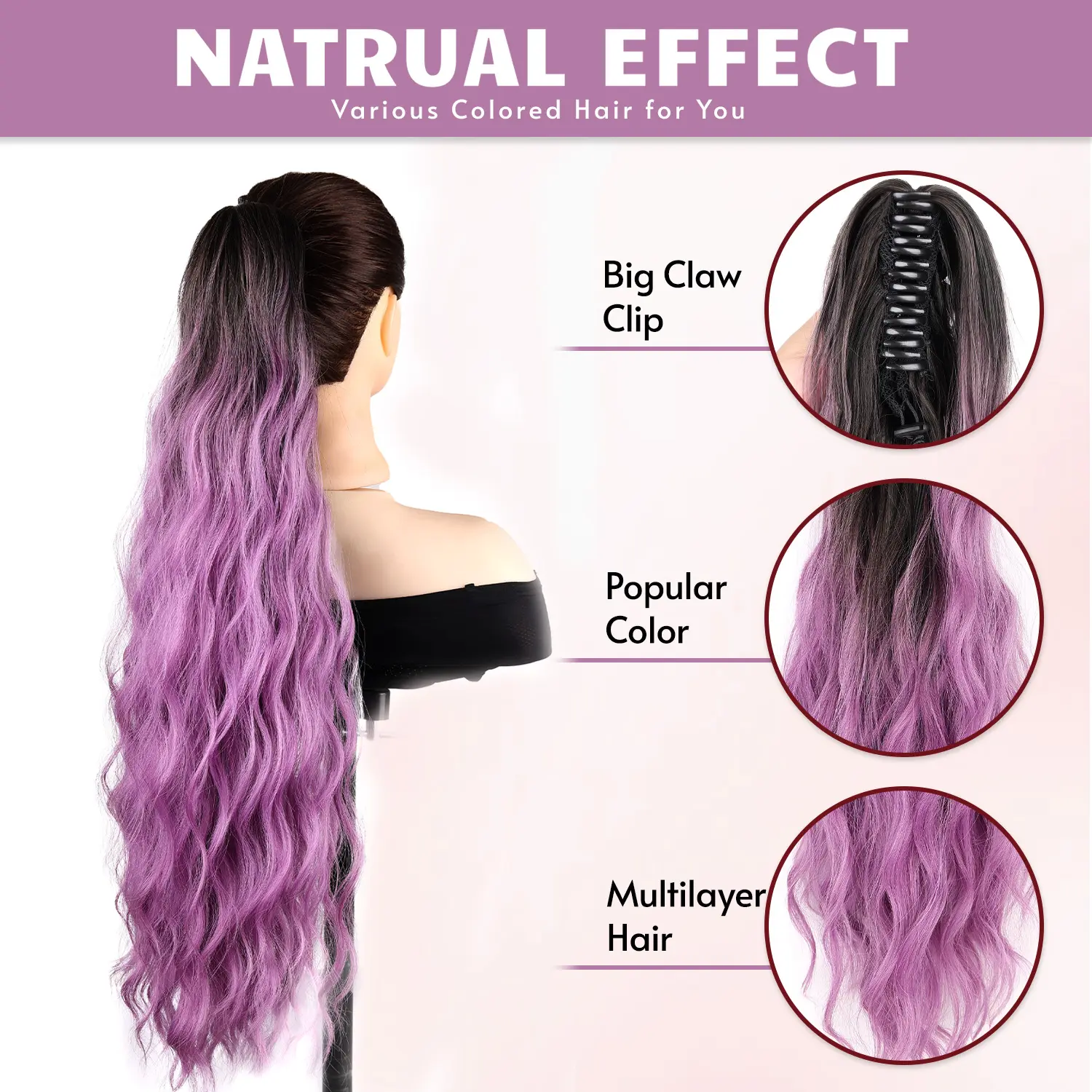Synthetic Claw Ponytail Extension Ombre Purple Ponytail Hair 24 inch Water Wave Hairpieces for Women Girls Daily Use Party