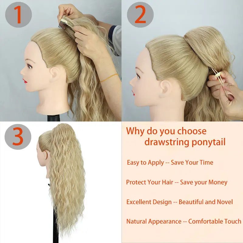 Synthetic Wavy Drawstring Ponytail Hair Extension Long Water Wave Ponytail Hair for Women Honey Blonde Curly Pony Tail Fake Hair