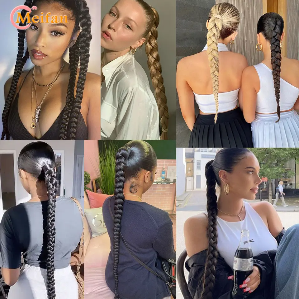 MEIFAN 22-40inch DIY Ponytail Extensions Synthetic Boxing Braids Ponytail With Rubber Band Black Brown Blond Ponytail For Women