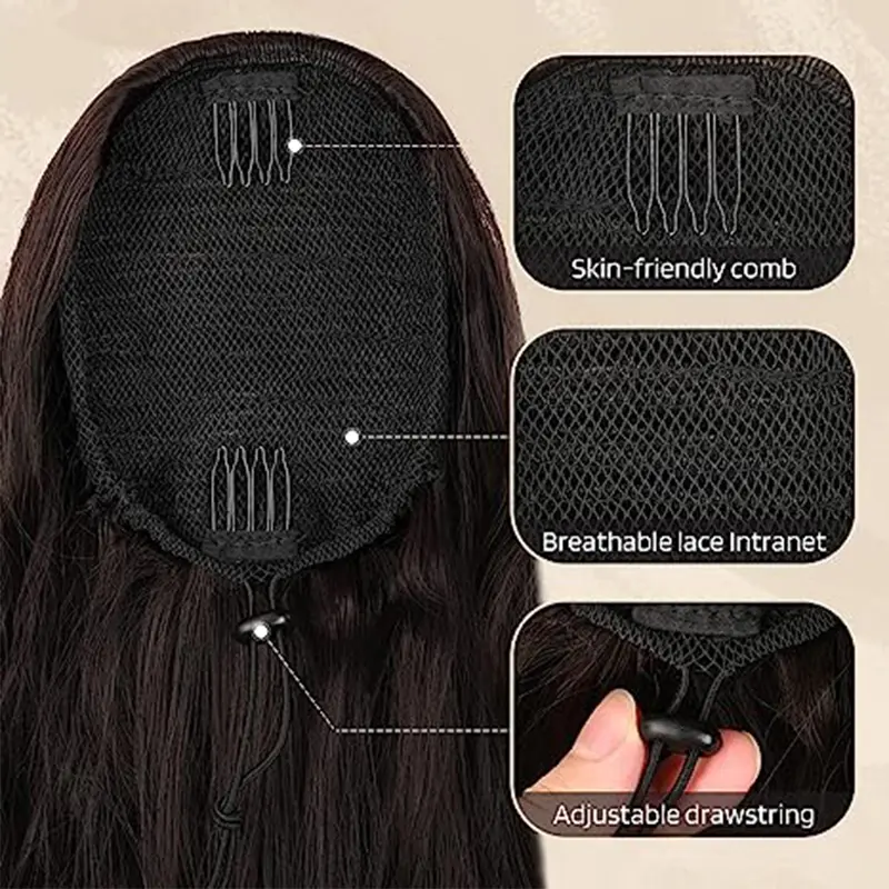 Synthetic Wavy Drawstring Ponytail Hair Extension Long Water Wave Ponytail Hair for Women Honey Blonde Curly Pony Tail Fake Hair