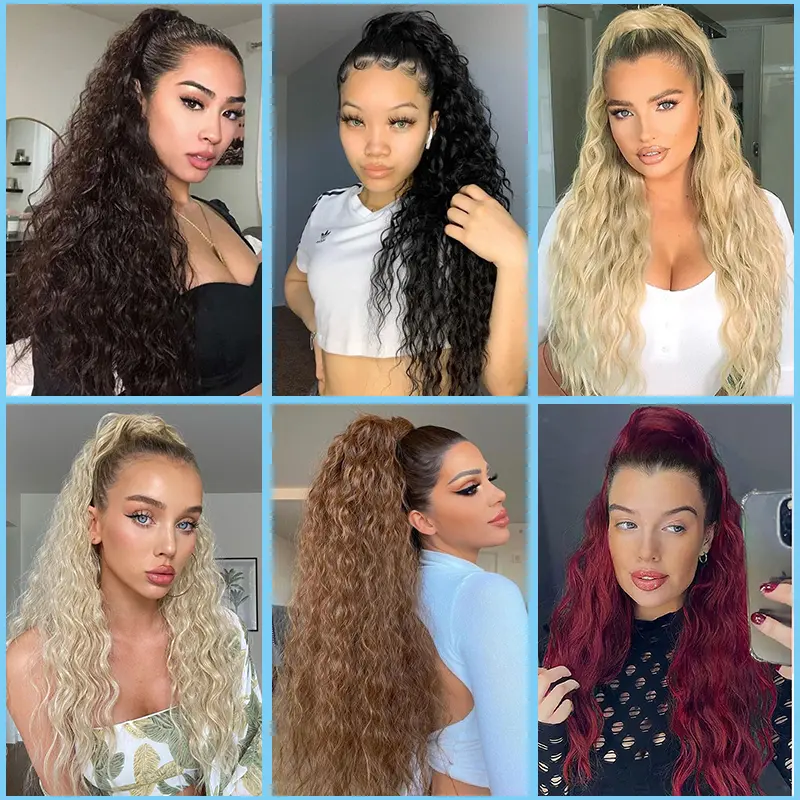 Synthetic Wavy Drawstring Ponytail Hair Extension Long Water Wave Ponytail Hair for Women Honey Blonde Curly Pony Tail Fake Hair