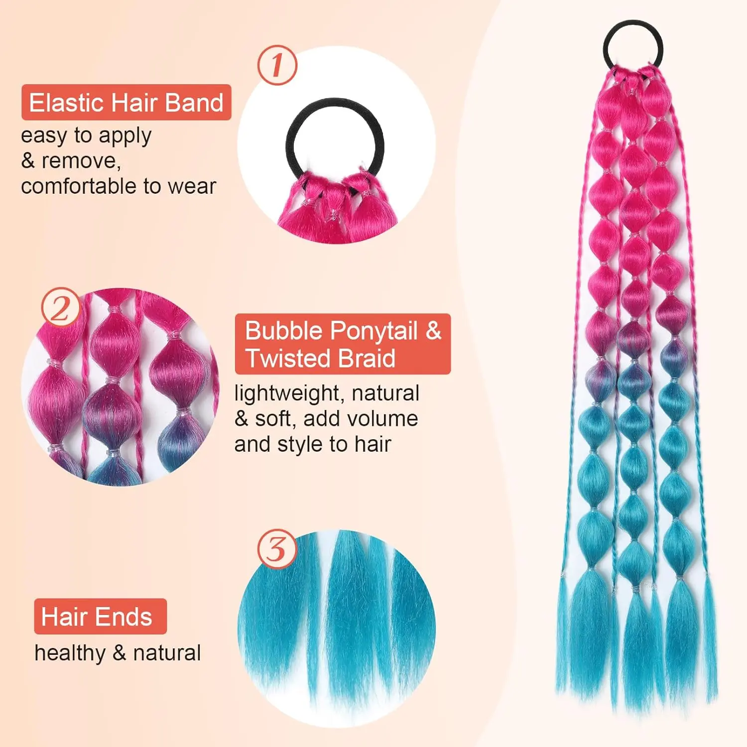 2 PCS Synthetic Bubble Ponytail Extensions 20" Lightweight Colored Hair Extensions with Hair Tie for Women Girl Daily Party Use