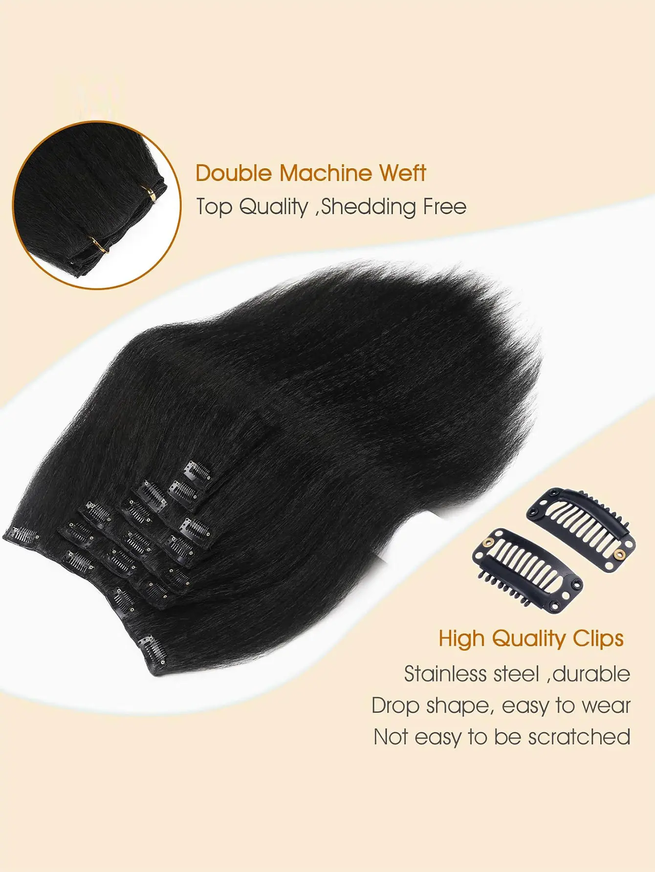 12 Inch - 26 inch 7 Pcs Yaki Kinky Straight Clip In Hair Extensions Black Hair   y2k Seamless Clip Ins for Black Women