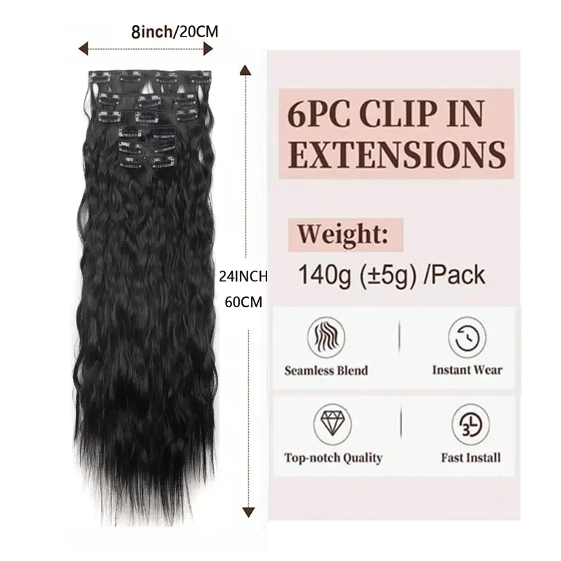 Synthetic Clip In Hair Extensions 6PCS Set Kinky Curly 24inch Long  Clip On Hairpiece Style For Women Girls Daily Party