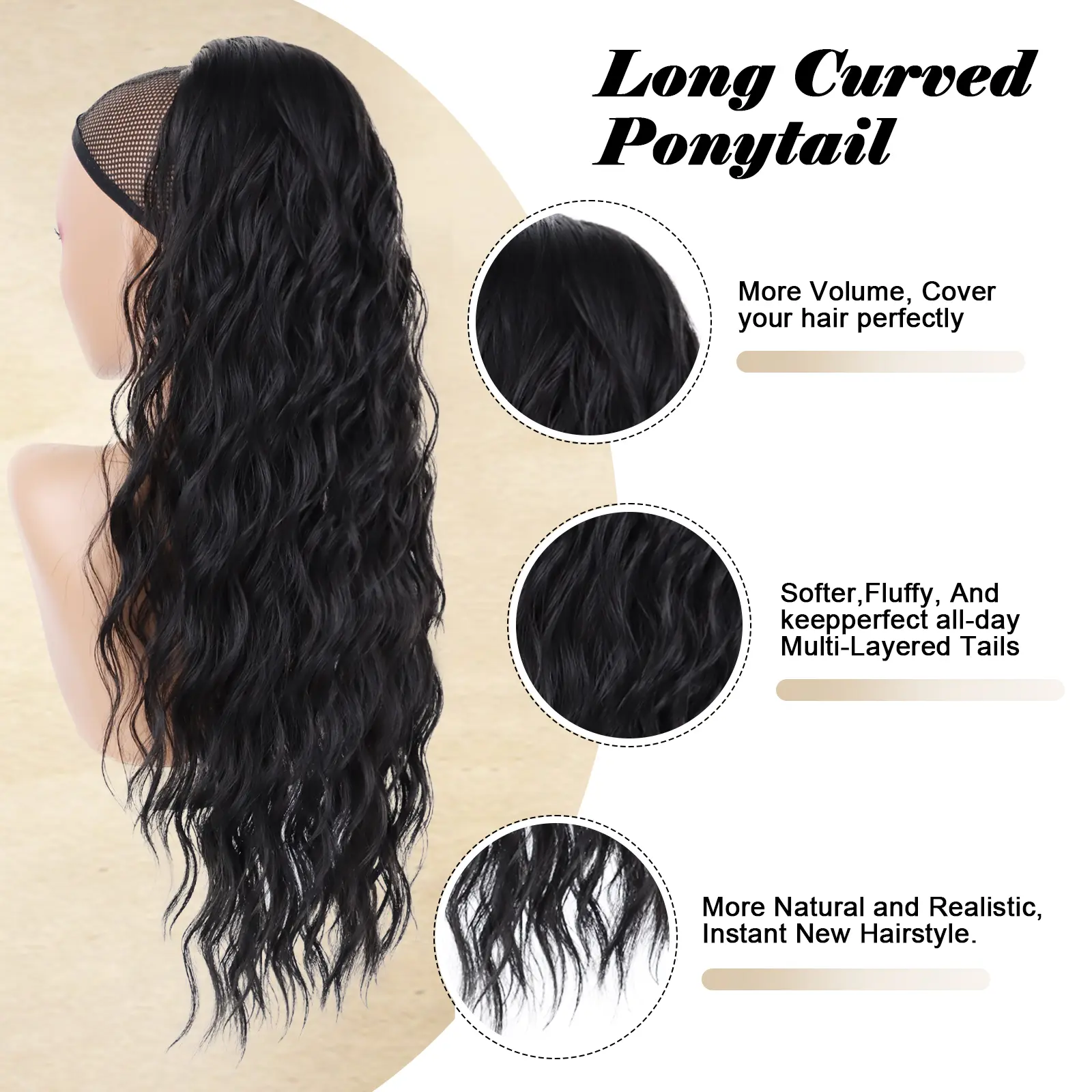 24Inch Synthetic Long Drawstring Ponytail Hair Extensions for Women Curly Wavy Natural Black Wavy Hairpiece Daily Use Party