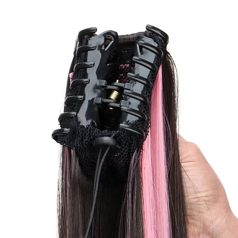 24Inch Synthetic Women's Claw Clip Ponytail Extension Highlighted Red Purple Straight Hair Heat Resistant for Daily Women