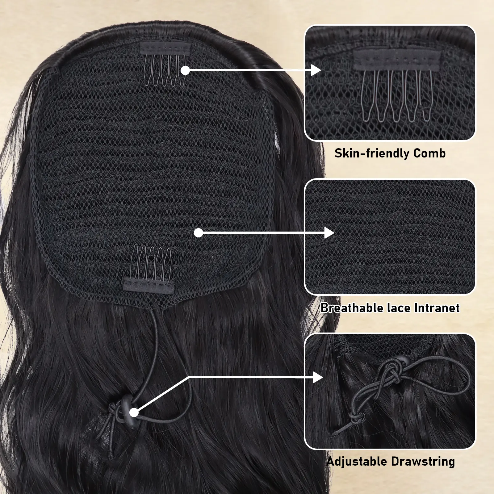 24Inch Synthetic Long Drawstring Ponytail Hair Extensions for Women Curly Wavy Natural Black Wavy Hairpiece Daily Use Party