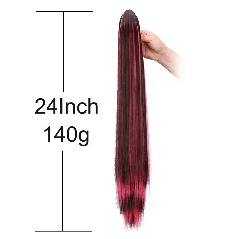 24Inch Synthetic Women's Claw Clip Ponytail Extension Highlighted Red Purple Straight Hair Heat Resistant for Daily Women