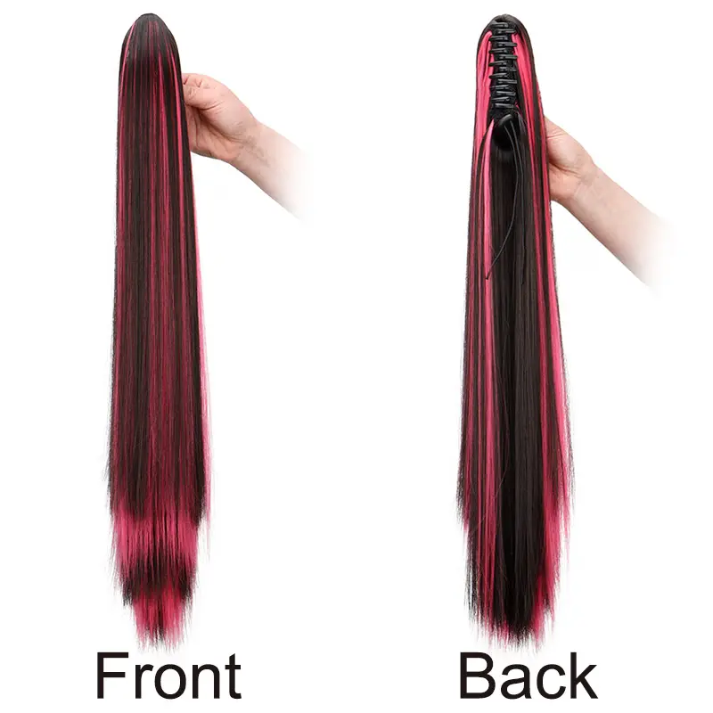 24Inch Synthetic Women's Claw Clip Ponytail Extension Highlighted Red Purple Straight Hair Heat Resistant for Daily Women