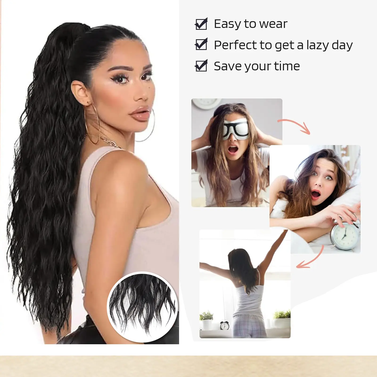 24Inch Synthetic Long Drawstring Ponytail Hair Extensions for Women Curly Wavy Natural Black Wavy Hairpiece Daily Use Party