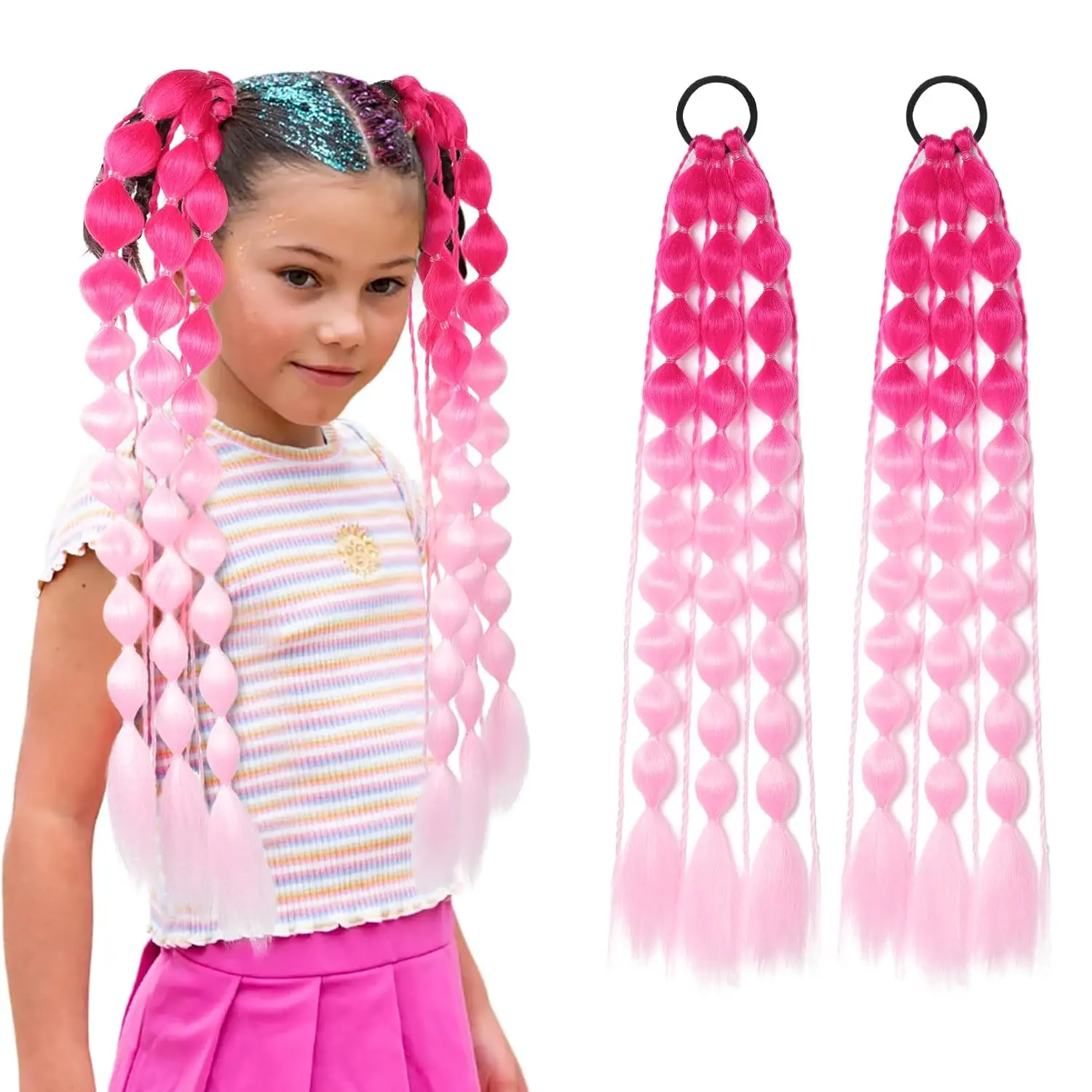 Synthetic 2Pcs Lightweight Colored Hair Extensions for Kids Bubble Ponytail with Hair Tie Ombre Crazy Hair Day Accessories