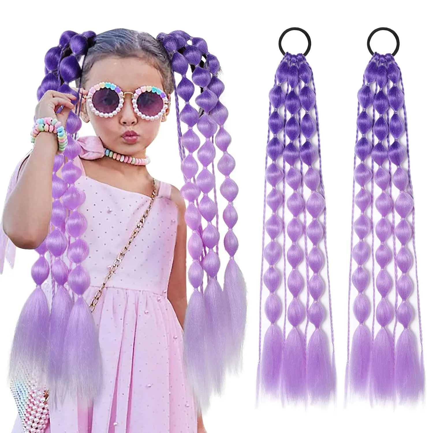 Synthetic 2Pcs Lightweight Colored Hair Extensions for Kids Bubble Ponytail with Hair Tie Ombre Crazy Hair Day Accessories