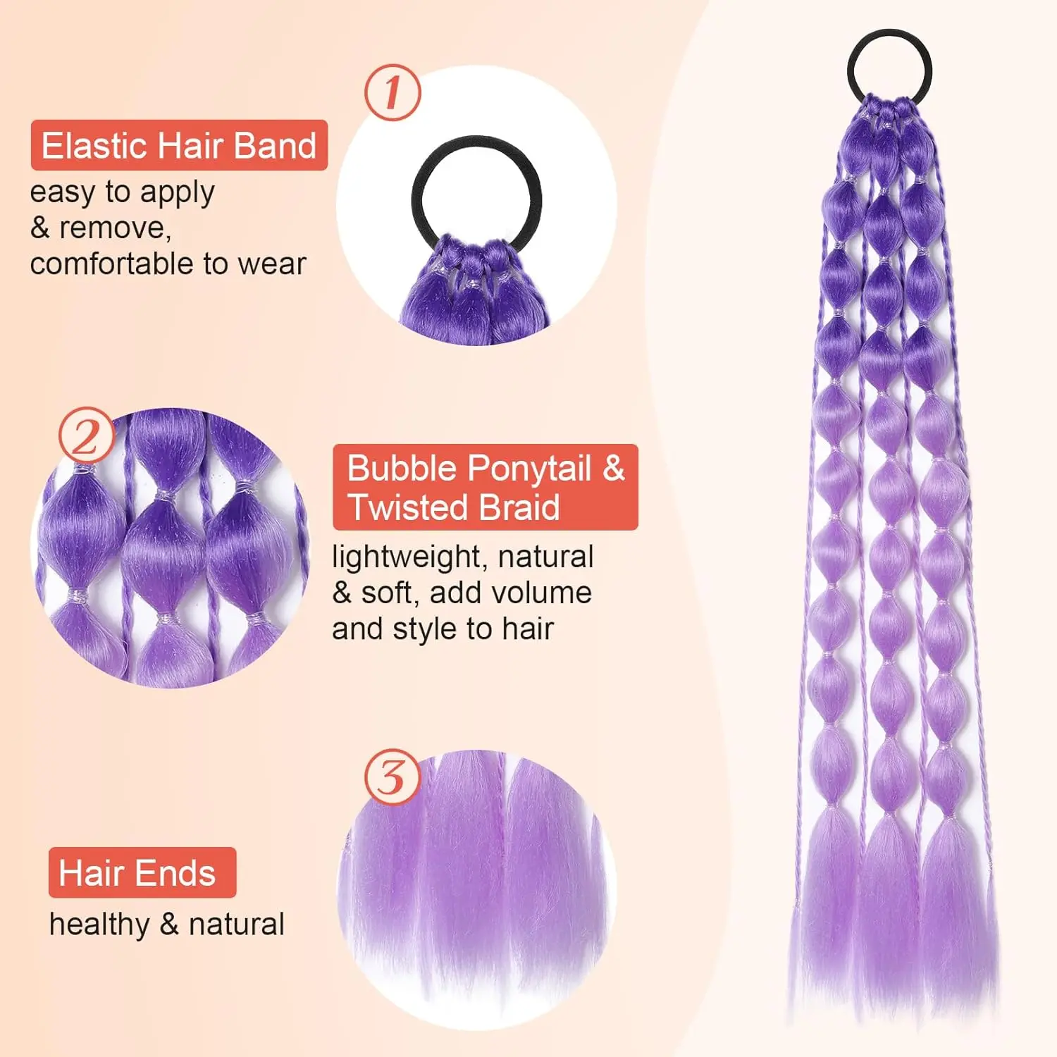 Synthetic 2Pcs Lightweight Colored Hair Extensions for Kids Bubble Ponytail with Hair Tie Ombre Crazy Hair Day Accessories