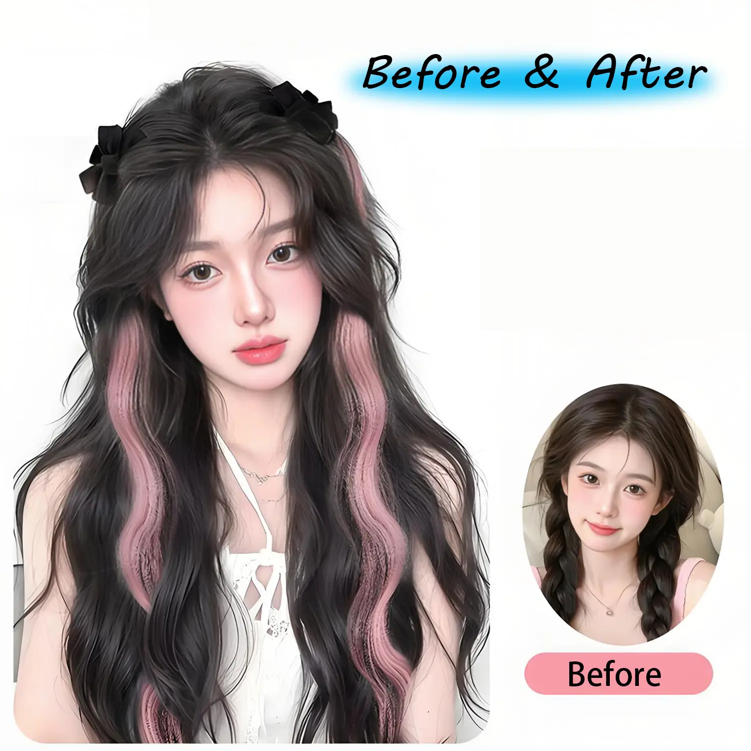 Fashionable Highlight Elf Ear 2Pcs Synthetic Wig Sweet Princess Head Bow Clip-on Curly Hair Ponytail Wig for Women