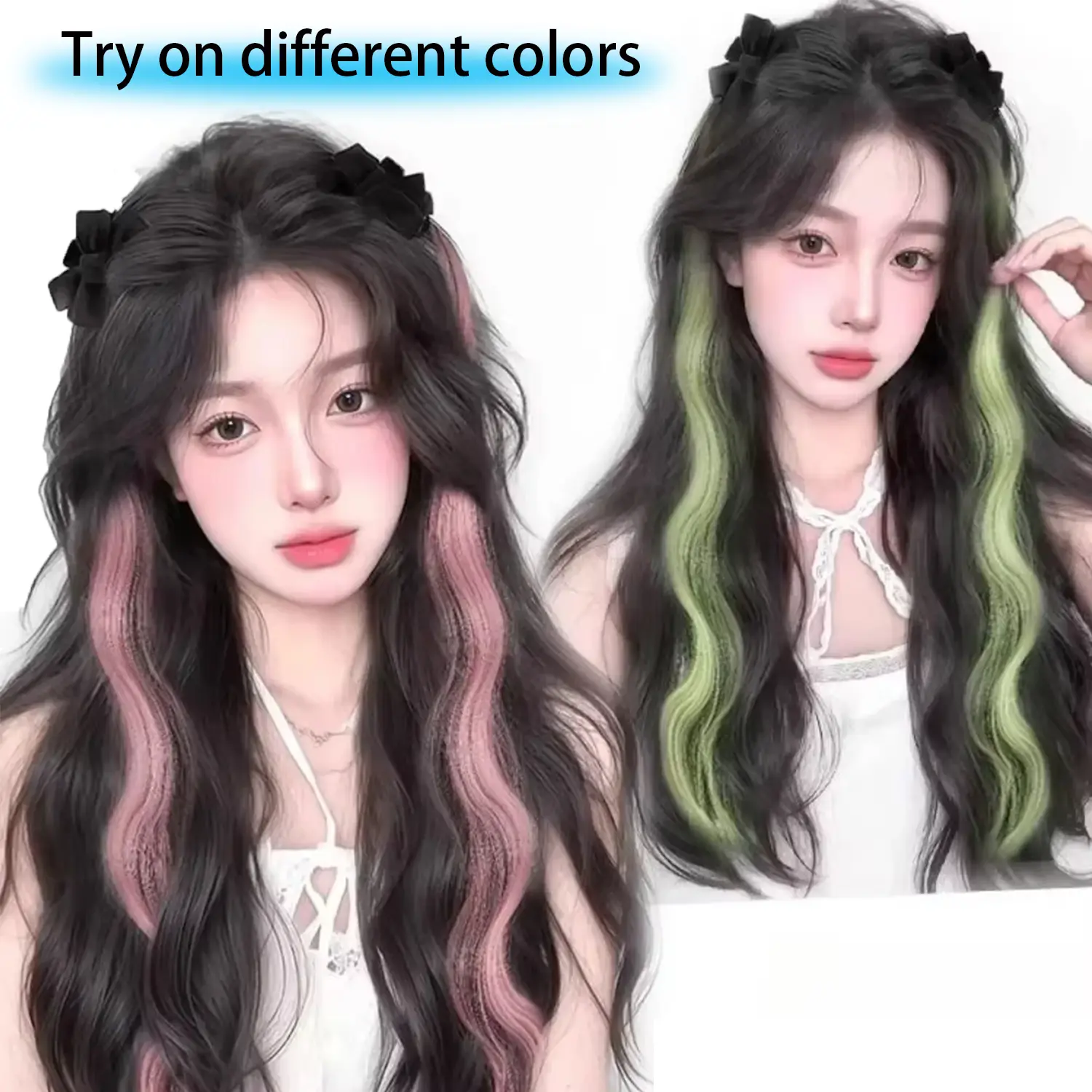 Fashionable Highlight Elf Ear 2Pcs Synthetic Wig Sweet Princess Head Bow Clip-on Curly Hair Ponytail Wig for Women