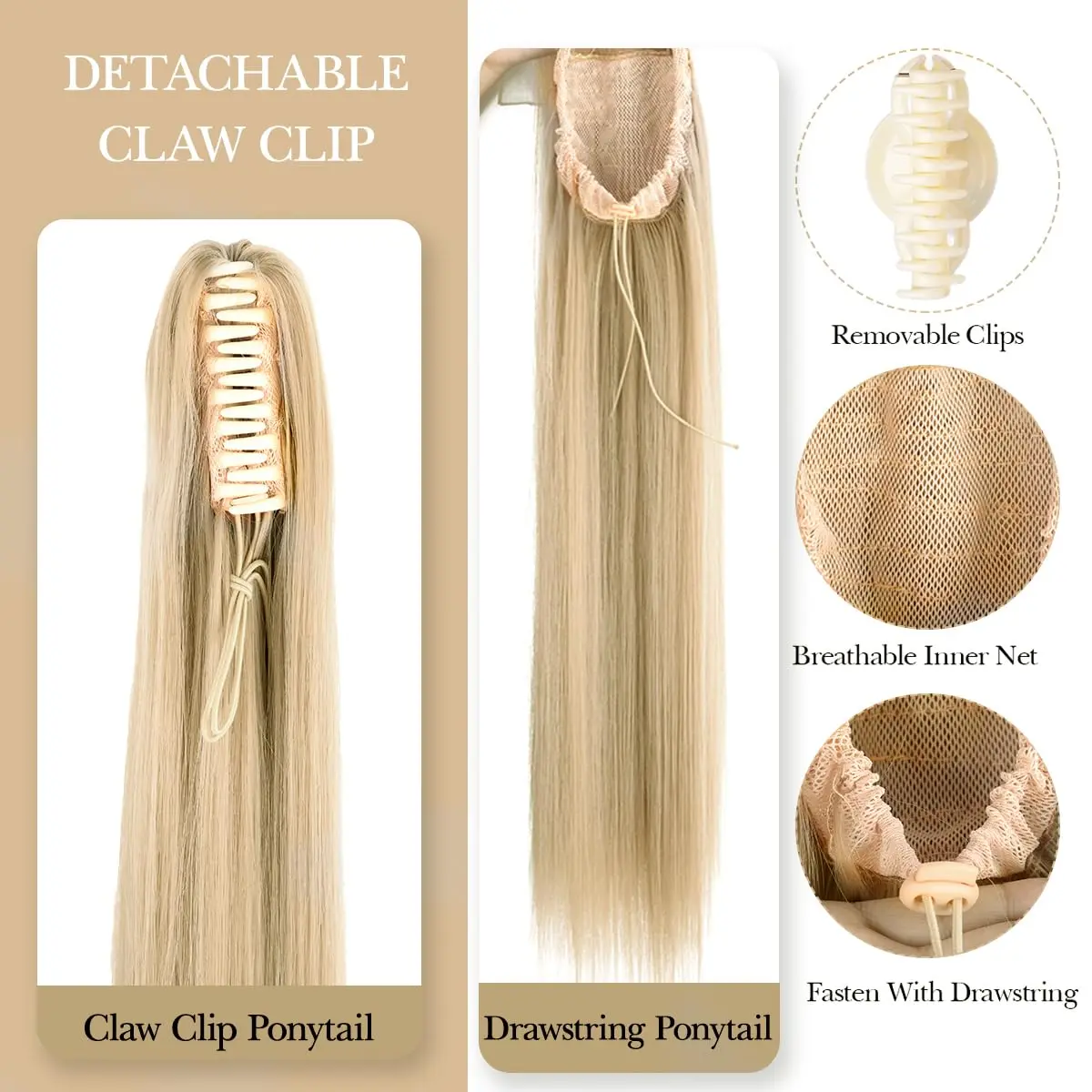 Synthetic Ponytail Hair Extension Long Straight Claw Clip Ponytail Heat Resistant Natural Wave For Women Blonde Hairpiece
